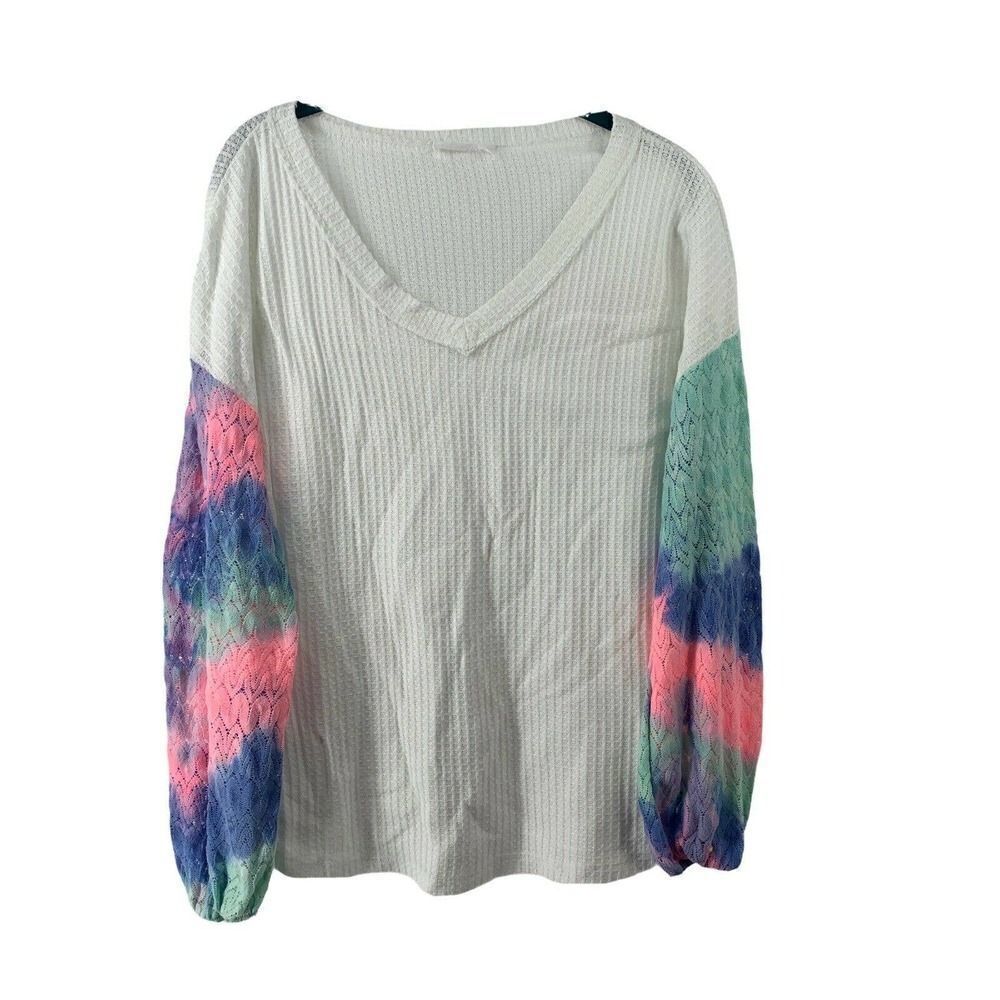 White V-Neck Tie Dye Lantern Sleeve Knit Top Small
